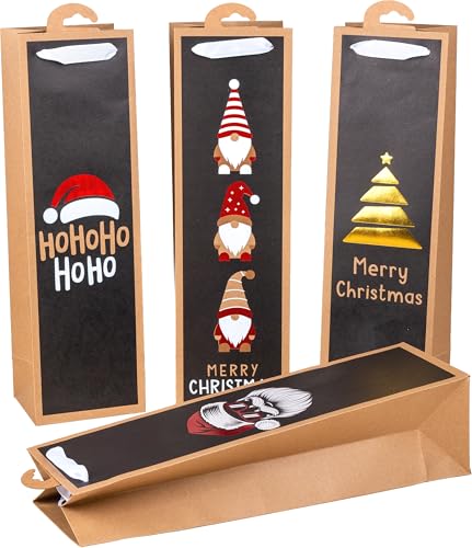 HEKU Weihnachts-Flaschentaschen mit Hotfoil-Veredelung, 4 Stück I X-mas Nature Trend 3 I 40x12x10cm I Ideal für Wein & Spirituosen I Umweltfreundlich & Wiederverwendbar