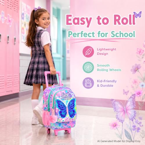 Image of CCJPX 3Pcs Butterfly Rolling Backpack for Girls, 18 inch Kids Wheeled Bookbag with Lunch Box, Lightweight Roller School Bag for Elementary Preschool (Pink)