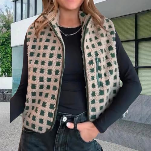 Women's Checkered Fleece Vest Zip Up Sleeveless Sherpa Jackets Casual Stand Collared Cardigan Gilet with Pocket2