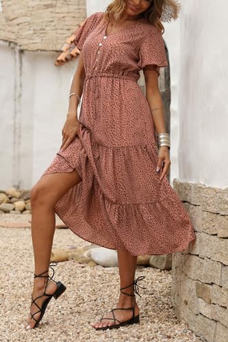 PRETTYGARDEN Summer Floral Dress for Women 2025 Casual Boho Short Sleeve Maxi Dresses V Neck Tiered Flowy Beach Sundress