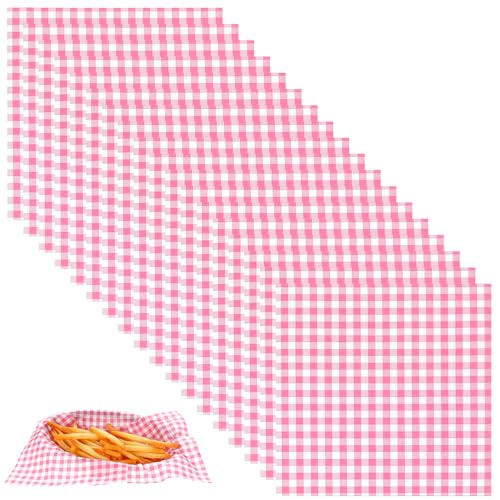 MBAIYO 100Pcs Wax Paper Sheets for Food, 7 x 7 Inch Greaseproof Basket Liners Checkered Deli Sandwich Wrapping Paper for Picnic BBQ Party(Pink)