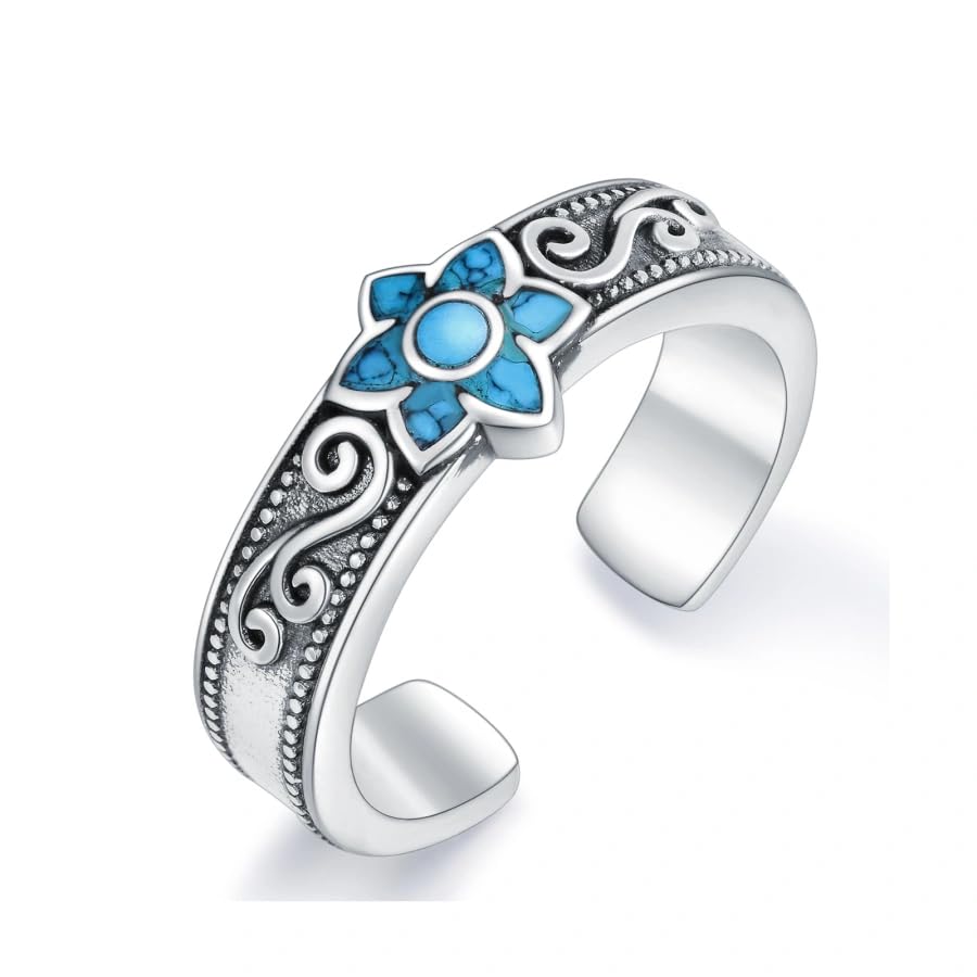 Bague ouverte motif floral turquoise en argent sterling 925 ajustable bijou femme