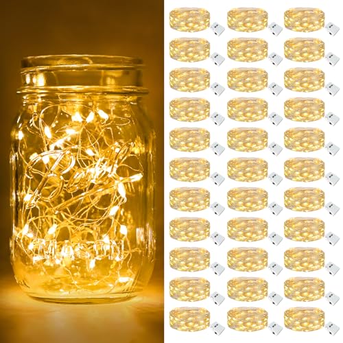 btfarm 30 Pack Fairy Lights Battery Operated [3 Modes], 7ft 20 Led Twinkle Lights String Lights Waterproof Bulk Small Mini Silver Wire for Mason Jars Vases Wedding Table Centerpiece, Warm White