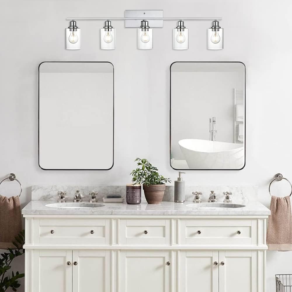 VINLUZ 5 Light Bathroom Lighting Fixture in Chrome Finish,Contemporary Indoor Wall Lights with Clear Cylinder Glass Shade Classic Vanity Light for Stair Entryway Hallway