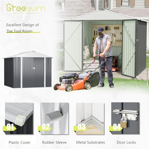 Image of Greesum 8x6FT Outdoor Storage Shed, Utility Tool Shed with Sloping Roof, Metal Storaged Garden Shed with Door & Lock for Patio Storage, Gray