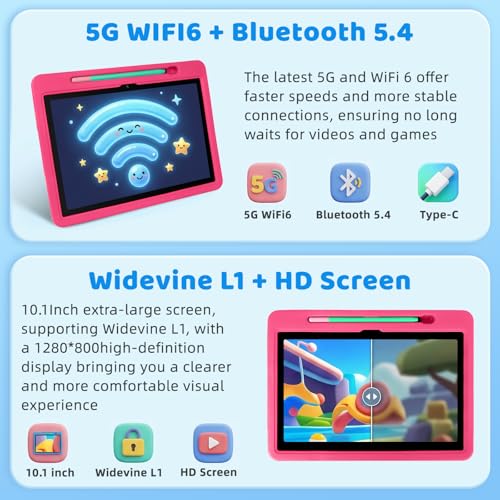 Image of 2026 Upgraded Android 16 Kids Tablet, 10 inch Tablet for Kids with 20GB RAM 64GB ROM 1TB Expand, 6000 mAh Battery, Parental Control, UKIDOZ Kids Space, Widevine L1 HD, Protective Case Pen(Pink)