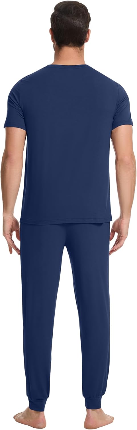 WiWi Men's Pajama Sets Viscose from Bamboo Sleepwear Short Sleeve Top and Pants Pjs Sets with Pockets Drawstring S-XXL - Image 2