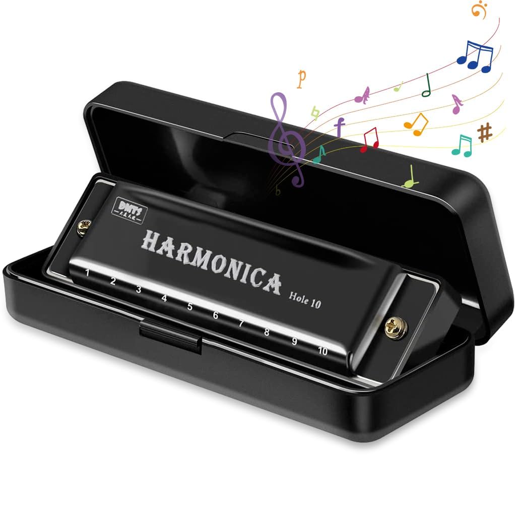 FARIOX Harmonica 10 Holes Harp 20 Tones Diatonic Harp Key Of C Blues-Jazz Mouth Organ Harp Musical Instrument Educational Toy (Black)