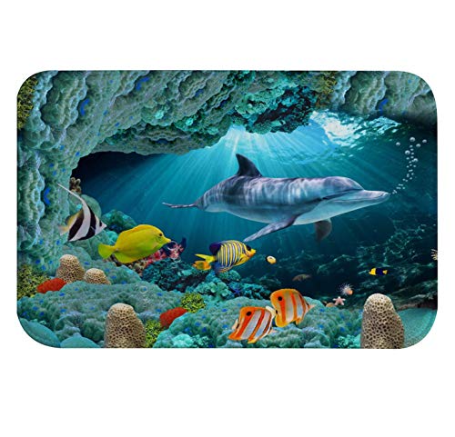 A.Monamour 3D Monde sous-Marin Dauphins Poissons Corail Vie Marine Fond Bleu Absorbant Flanelle Tapis De Bain Tapis De Douche Antidérapants Tapis De Sol Tapis...