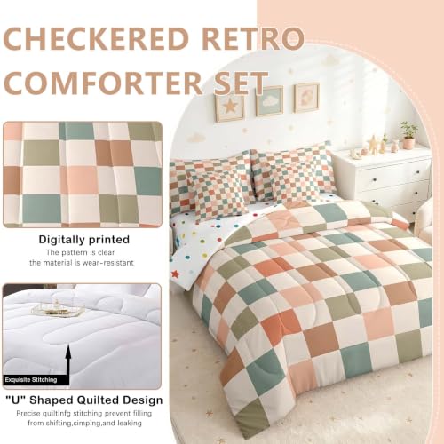 Image of Feelyou Multicolored Checkered Retro 7 Piece Bedding Set Kids Boys Geometric Vintage Comforter Set with Sheets King Size Ivory White Colorful Bed in a Bag Modern Simple Groovy Aesthetic Room Decor