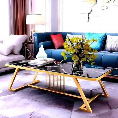 Image of Modern Rectangular Marble-Like Top Coffee Table with Metal Base for Living Room Sofa Center Tea Table for Home & Office Easy DIY Assembly (90 x 48 x 48 cm)(Golden Black)