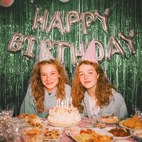 Image of PartyWoo Dark Green Streamers Backdrop 3pcs Green Tinsel Foil Fringe Streamer Curtains 8.2 FT Curtains Photo Backdrop for Graduation Birthday Dinosaur Jungle Golf Football Theme Party Decorations