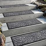 Aucuda 2pcs 8.5' x 30' Stair Treads Outdoor for Elders and Dogs on Wooden Steps, Non Slip Stair Runner Rug Heat Insulation Rubber Backing, Gray Floral Staircase Mat Carpet for Indoor Grip Farmhouse.