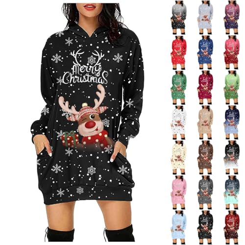 Generisch Weihnachtskleid Damen Elegant Hoodie Kleid Weihnachten Rundhals Vintage Langarm Weihnachtskleider Knielang Weihnachtsfeier Sweatkleid Winter...