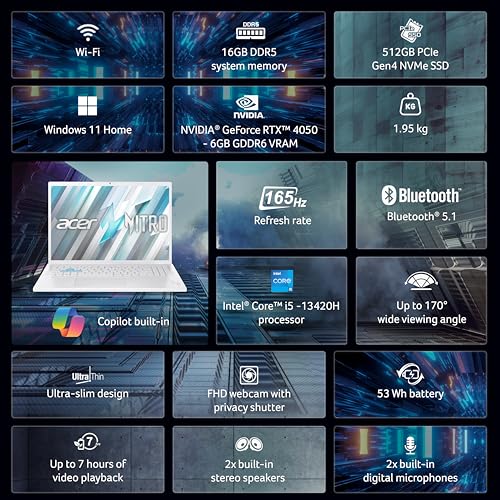 Image of acer Nitro Lite 16, 13th Gen, Intel Core i5-13420H Processor,NVIDIA GeForce RTX 4050-6 GB GDDR6, 16GB / 512 GB, 16.0 inch /40.64 cm, 165 Hz, Win 11 Home, White, 1.95 kg, NL16-71G, Backlit KB,Gaming Laptop