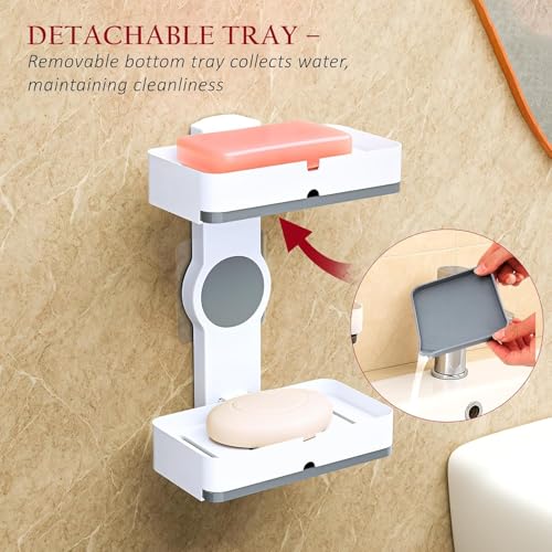 Image of Plastic Self-Adhesive Double Layers Soap Holder for Bathroom Wall with Removable Drain Tray | No Drill Stickable Soap Stand for Kitchen Sink | White