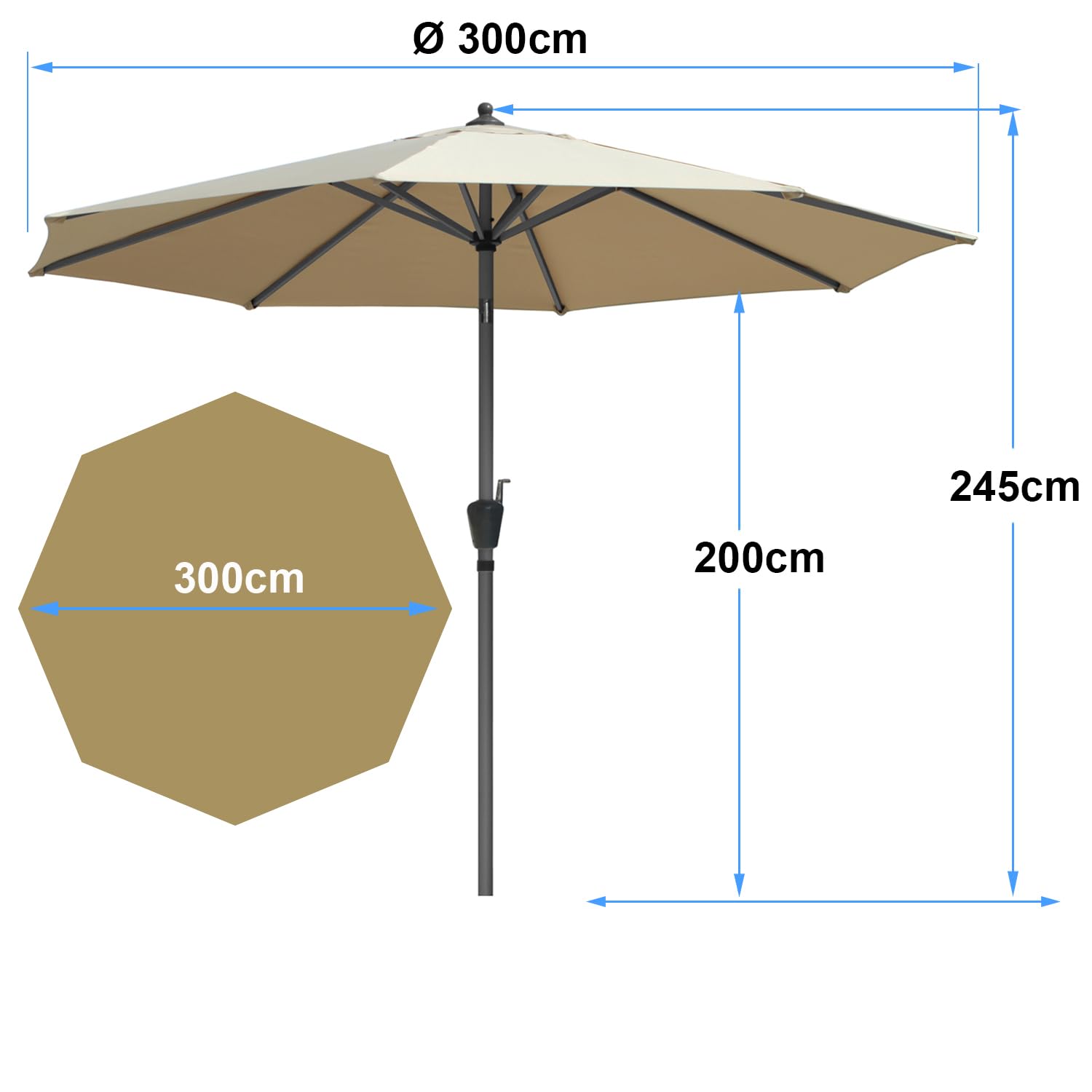 RANSENERS Kippbarer Sonnenschirm 300 cm, Beidseitig um 30° Knickbar, 8 Streben, Verdickter Gewebe, UV50+, für Garten, Balkon, Terrasse, im Freien