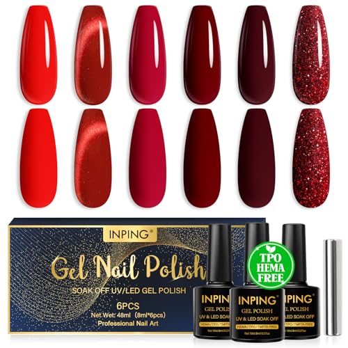 INPING Pintauñas Semipermanentes HEMA-FREE TPO-FREE, 6 Colore Cat Eye Rojo Burdeos Rojo Glitter Gel Polish Set con imán, Esmaltes Semipermanentes Para Uñas Casa Salón de Manicura DIY Gel Art Set 8 ML