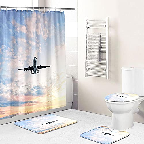 ZDDWLDL 4-Teilig Duschvorhang Set Mit Rutschfesten Teppichen Toilettendeckel Und Badematte Wasserdicht Farbfest Schimmel… – Bild 3