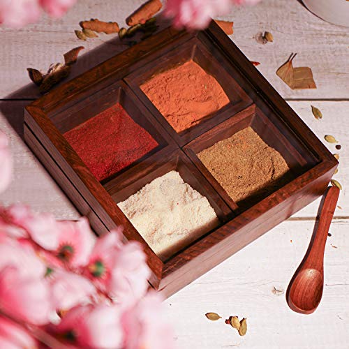Image of Naayaab Craft Sheesham Wooden Masala Spice Box with Spoon, Square Spice Container for Kitchen, Masala Dani for Spices & Dry Fruits, Wooden Kitchen Storage Box