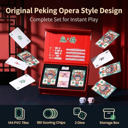 Image of PATPAT Card Games Mahjong Tiles Game Set with Cards Dice Chips Storage Box | Lightweight Portable Mahjong Game Set Board Games for Adults Family, Easy to Pack for Traveling, Camping and Vacation Group