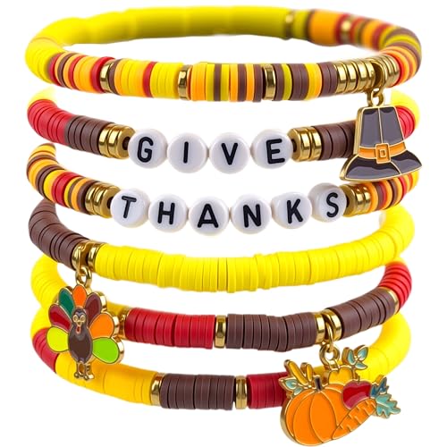 OHOME Thanksgiving Outfit Women - 6 Pack Thanksgiving Bracelets | Thanksgiving Shirts Dress Pajamas Sweatshirts Tops for Girls - Funny Friendsgiving Decorations Decor Party Supplies for Adults