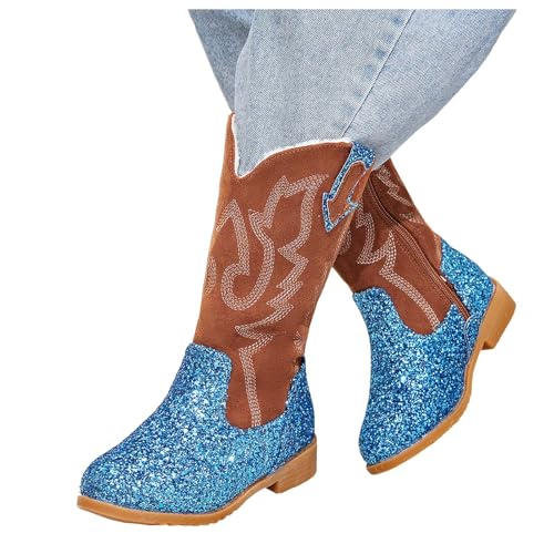 Girls Cowboy Boots Kids Toddler Glitter Western Cowgirl Boots Trendy Mid Calf Zipper Color Block Sparkly Riding Shoes2