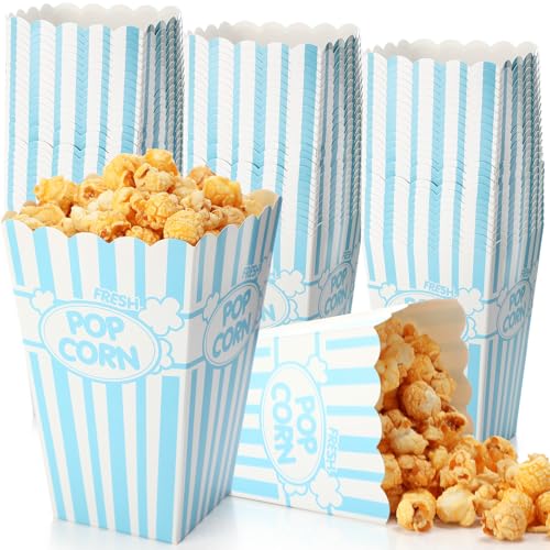 Image of Xinnun 100 Pcs Popcorn Boxes 32oz Classic Stripe Paper Buckets Disposable Oil Proof Popcorn Container Retro Open Top Box for Movie Night Supplies Theaters Carnival Birthday Party(Light Blue and White)