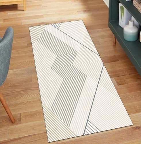 Alfombra lavable de pasillo con diseño a rayas beige y base de seguridad de 50x400 cm 2