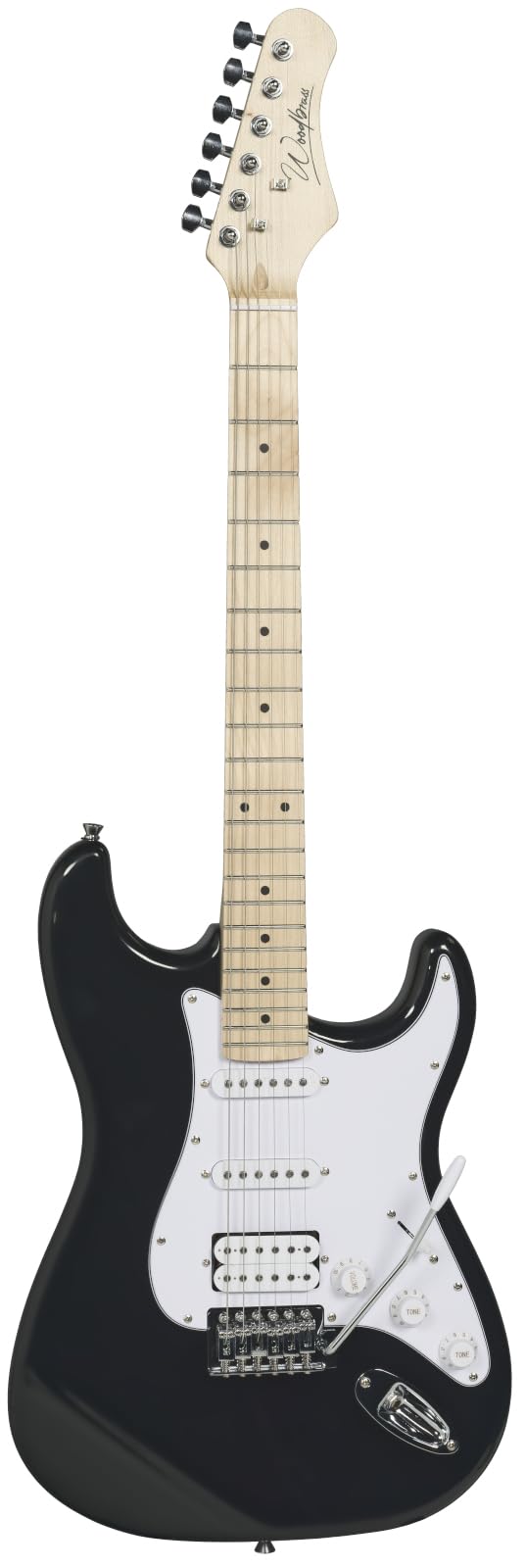 Woodbrass ST100 E-Gitarre, Schwarz, vielseitige Gitarre, ideal für Anfänger, Korpus ST-Form, amerikanische Linde, Ahorngriffbrett, Rock-Stil, Pop, Funk, Country, Hardware, Metall
