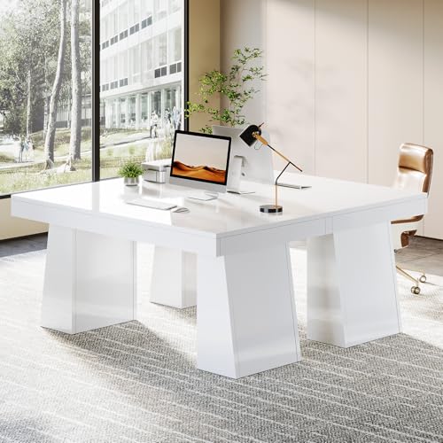Image of Tribesigns 55-Inch Executive Desk, Large Wood Office Computer Desk with Double Pedestal, Modern Minimalist Workstations Writing Table Conference Table Furniture for Home Office, White