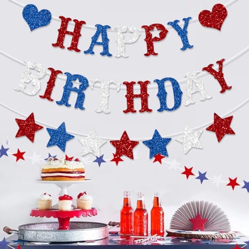 Image of Red White Blue Happy Birthday Banner Decoration Glitter American Themed Stars Decorations for 4th of July Memorial Day Party