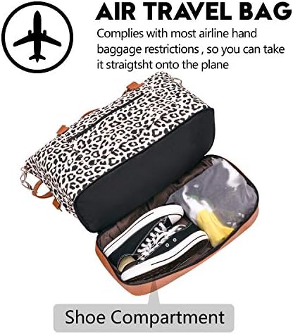 Women Travel Duffle Bag Canvas Carry On Tote Weekender Overnight Bag with PU Leather Shoulder Strap and Shoe Compartment Leopard 18 Inch 2 Women Travel Duffle Bag Canvas Carry On Tote Weekender Overnight Bag with PU Leather Shoulder Strap and Shoe Compartment Leopard 18 Inch