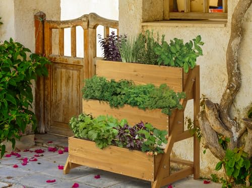 Image of VegTrug 3-Tier Herb Planter Wood Raised Garden Bed Planter Kit for Plants, Herbs, Vegetables, Flowers I Outdoor /Indoor Gardening I 3-Level Tiered Vertical Garden Planters - W80cm x D54cm x H78cm
