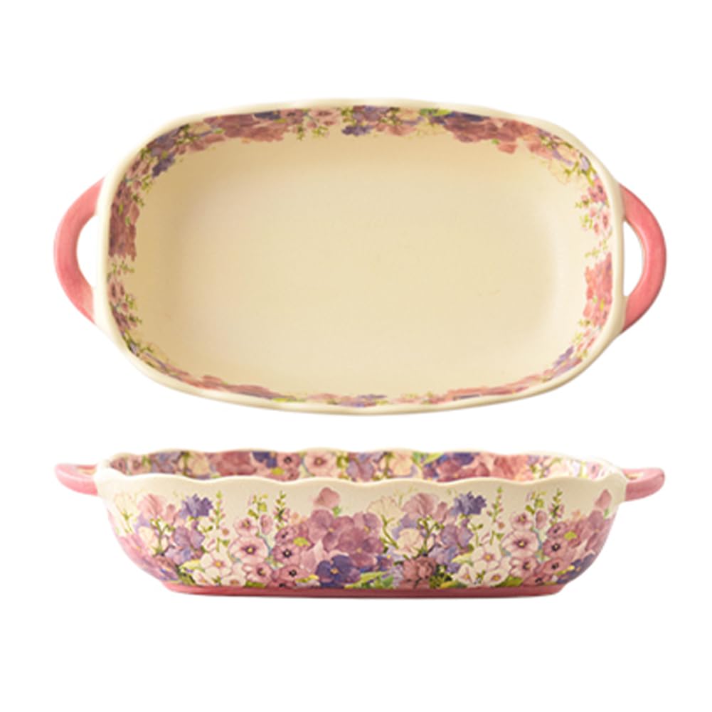 Dxcaicc Lasagne Dish Ceramics Beautiful Pattern of Flowers 10-Inch Double-Handled Baking Tray Rectangular Cheese Household Microwave Oven Special Baked Rice Tray