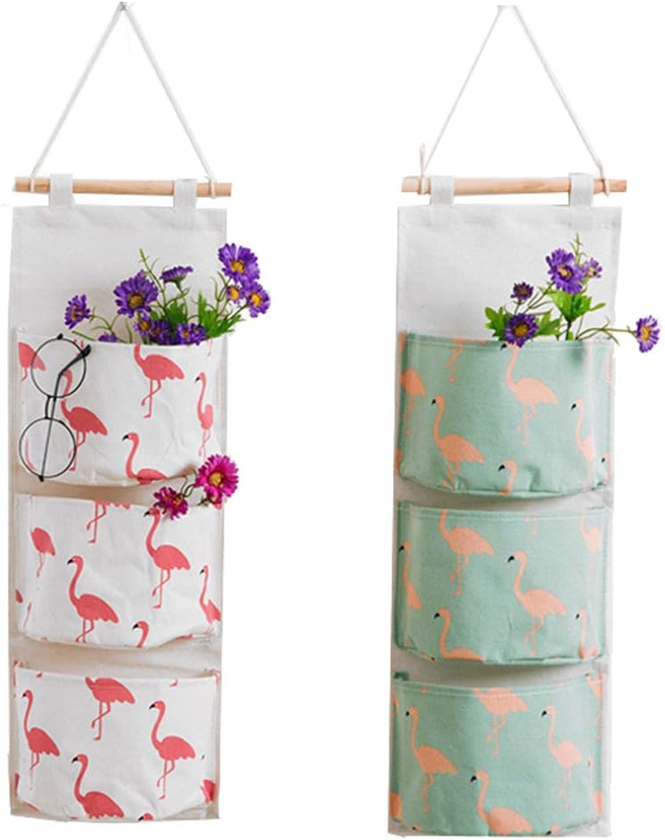 MF2FLAY 2 Pack Wall Hanging Organizer Over The Door Closet Storage Bags with 3 Pockets for Bedroom & Bathroom (Pink and Green)