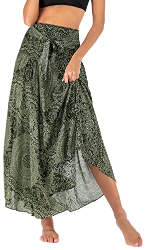 PNKJ Women Bohemian Mandala Floral Print Rayon Hippie Maxi Skirt Boho Summer Beach Dress Fits S M L