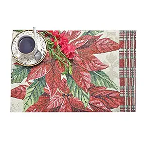 PRAKARTIK BY INDUARTS 100% Cotton Red Floral Christmas Design Rectangular Dining Table mat. Red Multicolor Set of 6