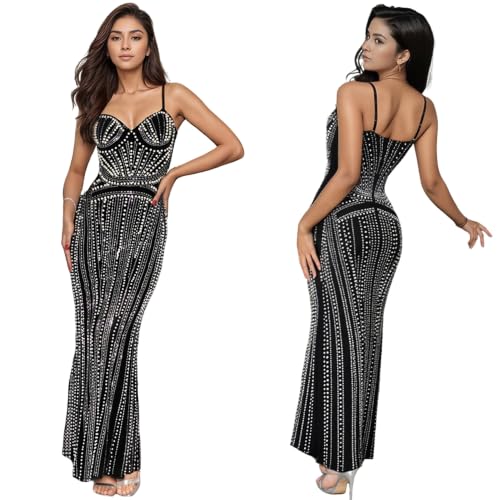Image of PORRCEY Women's Sexy Rhinestone Mesh See Through Party Night Prom Dress