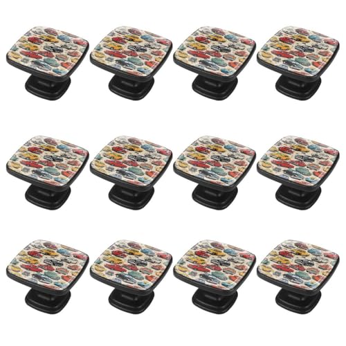 IROLSKDNFH 12 Pieces Colorful Cars Background Glass Knobs for Dresser Drawers, 1.37 x 1.10 in Square Kitchen Cabinet Pulls for Home Office Nursery Kids Room
