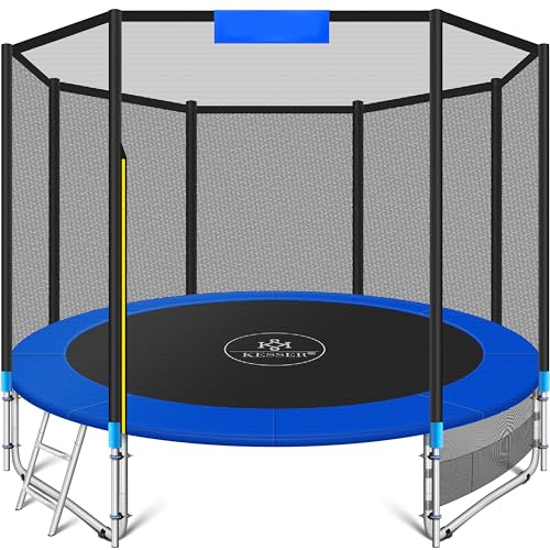 KESSER® Trampoline Certifié TÜV SÜD GS | Ensemble Complet Avec Filet de Sécurité, Échelle, Couverture de Cadre et Accessoires | Pour Enfants et Jardin, 150 kg, Bleu, 305 cm