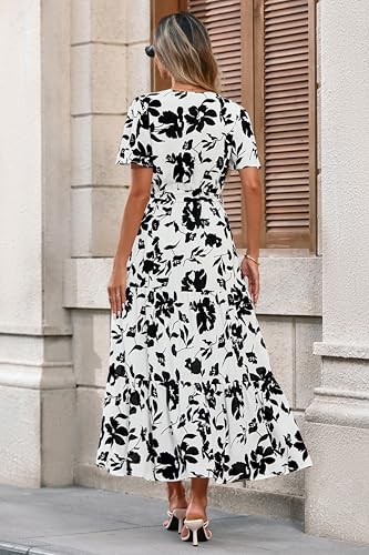 Image of MASCOMODA Women Boho Swiss Dot Maxi Dresses Wrap V Neck Flutter Short Sleeve Solid Tie Waist A Line Tiered Flowy Long Dresses