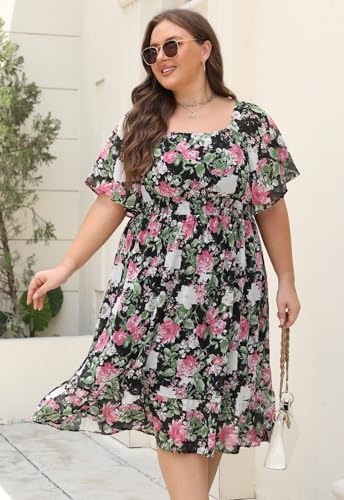 Image of Plus Size Chiffon Floral Dresses for Curvy Women Casual Summer A-Line Wedding Guest Party Dress with Smocked Waist