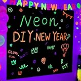 Mega-L Glow In The Dark Party Supplies, Neon Halloween DIY party decorations with 4 fluorescent colored pens, Let’s Glow Photography Background Birthday Graffiti Black Light Photo Booth (5.2x5.9 feet)