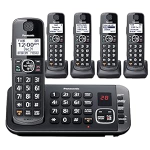 Panasonic DECT 6.0 Expandable Cordless Phone System with Answering Machine and Enhanced Noise Reduction – 5 Handsets – KX-TGE645M (Metallic Black)