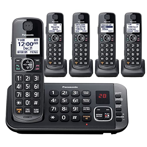 Panasonic DECT 6.0 Expandable System, Cordless Phones with Answering Machine and Call Blocking - 5 Cordless Phones 5 Handsets - KX-TGE645M (Metallic Black) by Panasonic - Used condition - US$104.99