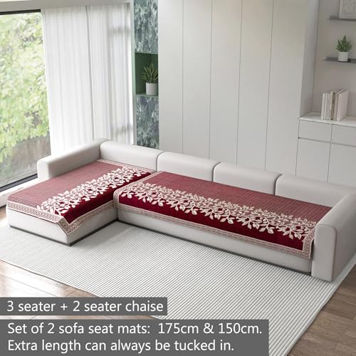 Image of Nendle Superior Velvet Floral Sofa Mat 5 Seater Set Durable Protector for Living Room Mat 3 Seater and 2 Seater, Suitable for L Shape, Sectional and U Shape Sofa (Maroon Pack of 2)