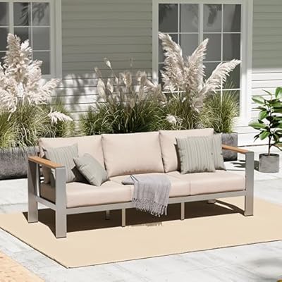 Oasbira Aluminum Outdoor Patio Furniture, 3 Seats All-Weather Outdoor Patio Sofa with Washable Thick Cushion, Patio Sofa Couch for Porch, Balcony, Deck, Yard, Silver