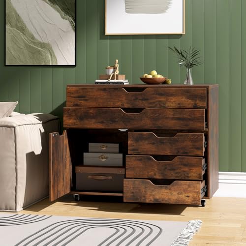Image of DREAMADE File Cabinet, Rolling File Cabinet with 5 Drawers, Door & Lockable Metal Wheels, Mobile Filing Cabinet with Storage, Wood Printer Stand for Home Office Study (Rustic Brown)