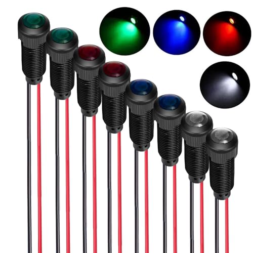 Gebildet 8 pièces rouge/bleu/vert/blanc indicateur LED lumière pilote AC/DC 12-24V trou de montage taille 8mm (coque en plastique ignifuge)